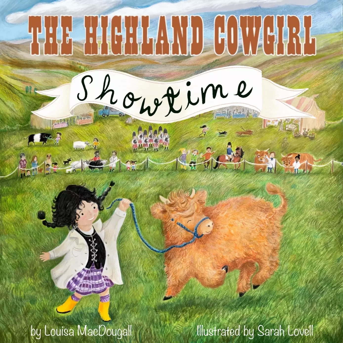 an illustration for a picture book called The Highland Cowgirl - Showtime, the cover features an illustration of a girl dancing with a highland calf. The are dancing in a field at a highland show. in the background are tents, marquees, people, animals and